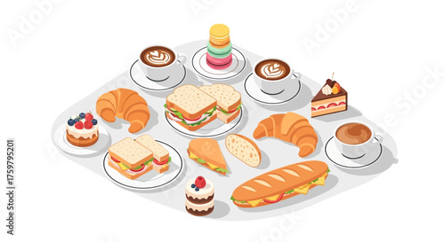 Isometric illustration of a table with coffee, sandwiches, croissants, and desserts.