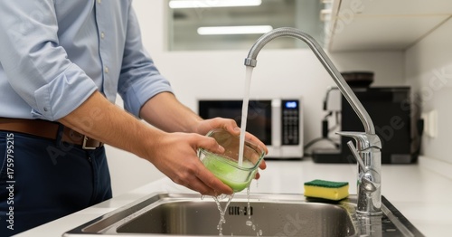 Washing lunchbox, man is washing lunchbox in kitchen sink with running water. Washing lunchbox includes rinsing reusable container after meal, preparation for next workday at office.