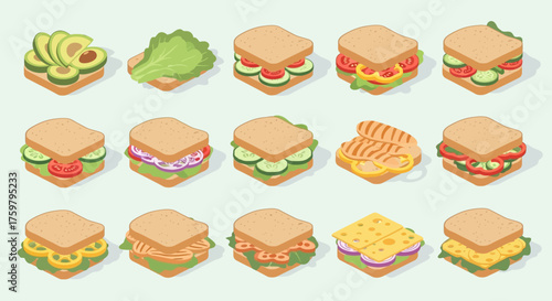 Isometric sandwiches with various toppings, including avocado, lettuce, tomato, and cucumber.