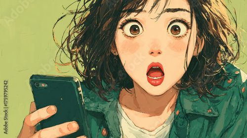 スマートフォンを見て驚く女性イラスト（生成AI）