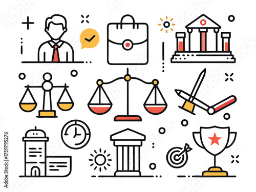 Line Art Icons Depict Business Law And Success With Bright Bold Colors
