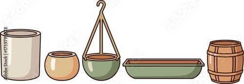 Collection of Garden Pots and Planters for Indoor & Outdoor Gardening Illustration Featuring Ceramic, Clay, Wood, Hanging, & Traditional Styles for Horticultural, Landscaping, Agricultural Projects an