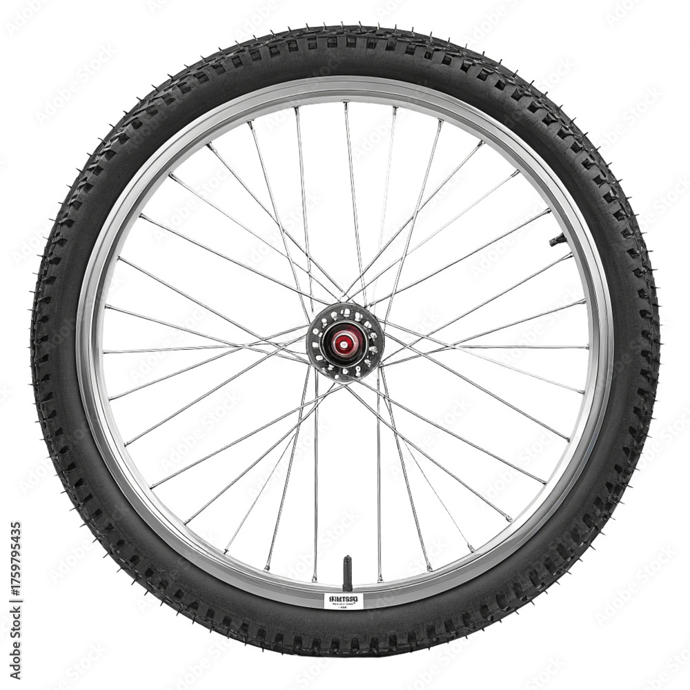 Naklejka premium A detailed front view of a bicycle wheel with a rugged tread tire and metal spokes, isolated against a clean white background for design