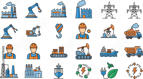 Industrial Infrastructure Icons Set: Factories, Manufacturing, Power Plants, and Industry Workers Depicting Production, Construction, and Renewable Energy Solutions for Business and Engineering Projec