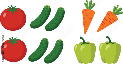Fresh Vegetables Still Life: Tomatoes, Cucumbers, Carrots, and Green Bell Peppers Isolated on White Backdrop, Healthy Eating Concept for Nutrition Education, Culinary Art, Farm-to-Table Lifestyle, Gar