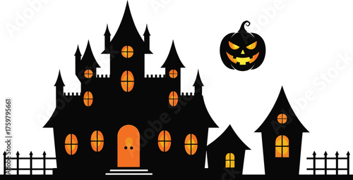 Halloween haunted house illustration, spooky gothic house design, scary jack o lantern vector artwork, festive Halloween decoration, cad drawing flat vector illustration
