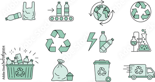 Recycling Plastic Bottles: Sustainable Waste Management Icons Showing Earth Protection and Conservation, Renewable Energy, Circular Economy, Industry Process, Eco-Friendly, Line Art Style