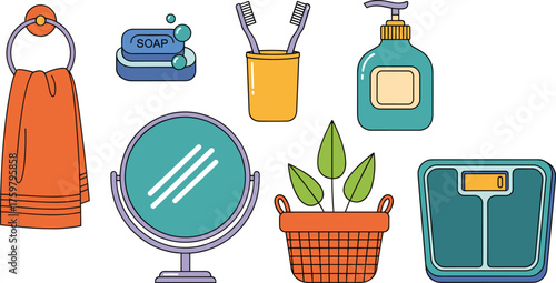 Bathroom Essentials Still Life Illustration: Orange Towel, Soap Bar, Toothbrushes, Dispenser, Mirror, Plant, Scale in a Clean, Modern Setting, Ideal for Home Decor, Personal Care, Beauty, and Lifestyl