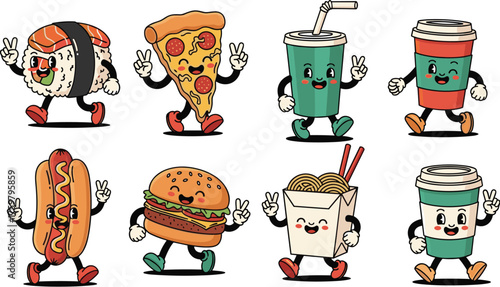 Playful Cartoon Food Characters Walking in a Row - Fun Retro Style Illustrations for Fast Food Advertising, Restaurant Menus, Kids Education, and Culinary Designs - Featuring Sushi, Pizza, Burger, Hot