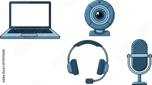 Virtual Meeting Setup: Laptop, Webcam, Headset, and Microphone for Remote Communication, Online Conference, Webinar, Podcast, Streaming, E-Learning, Education, Business, and Technology in Modern Style