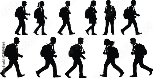 Walking Students Silhouette Illustration: Diverse travelers with backpacks explore destinations, commuters on journey, education and travel concept, back to school, black and white graphic design, mod