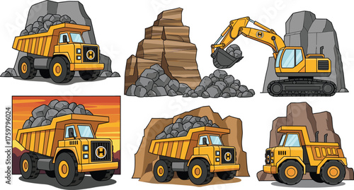 Cartoon Mining Trucks Hauling Rocks & Excavator Digging: Construction Site Machinery, Heavy Equipment Vehicles Working in Quarry, Industrial Transport, Earthmoving, Aggregates, Geology, Engineering, M