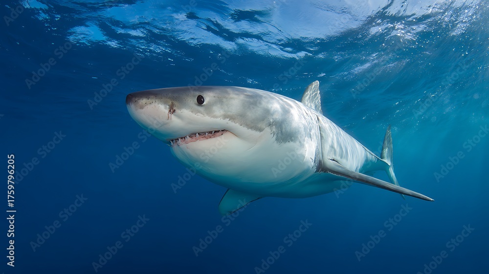 Obraz premium A captivating view of a great white shark swimming gracefully in the ocean, showcasing its powerful body and sharp teeth, highlighting the beauty and danger of marine wildlife in its natural habitat