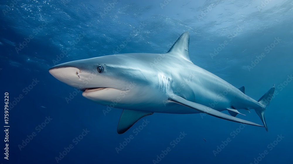 Fototapeta premium A sleek and powerful grey reef shark gracefully swims through the clear blue ocean waters, showcasing its streamlined body and sharp senses as it navigates its underwater environment with ease