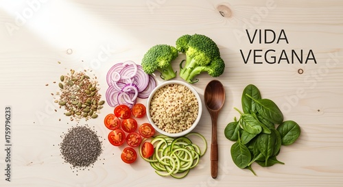 Vida Vegana: A vibrant assortment of plant-based ingredients artfully arranged, celebrating the essence of vegan living and the natural bounty of fresh, wholesome foods.