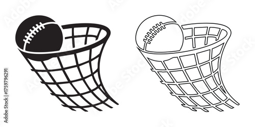 Two american footballs caught in a net one in silhouette and one in line art style