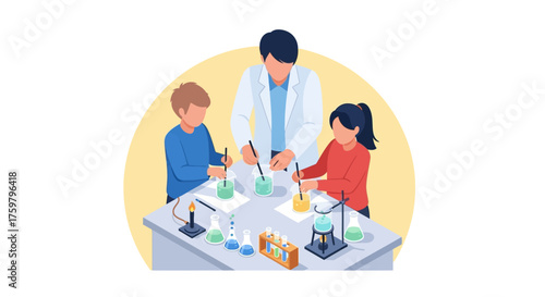 Children doing science experiment with teacher in lab.