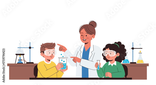 Inspiring science lesson for curious young students led by a teacher, conducting a hands-on chemistry experiment to foster practical learning and discovery in a school lab