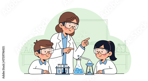 Illustration of a teacher and two students conducting a science experiment in a lab.