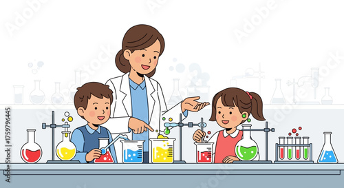 A female teacher in a lab coat guides two young students in conducting a science experiment with colorful liquids in beakers and test tubes.