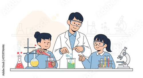 Teacher and two students conducting a science experiment in a laboratory, wearing lab coats and safety goggles.
