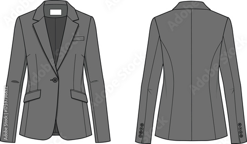 Tailored blazer technical sketch, fashion flat drawing, front and back view, notched lapel, flap pockets, princess seams, structured silhouette, garment design