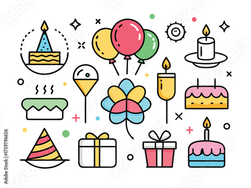 Celebratory Icon Set Shows Party Elements With Cakes And Balloons In A Festive