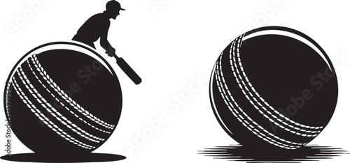 Silhouette of a cricket batsman poised to hit a giant cricket ball with another cricket ball beside it