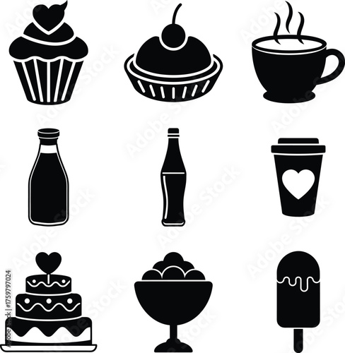 Black Food and Drink Icons Vector Set Cupcake, Coffee, Soda, Cake, and Ice Cream Solid Illustration