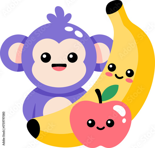 Photography Adorable cartoon monkey with a banana and apple makes a delightful playful desig