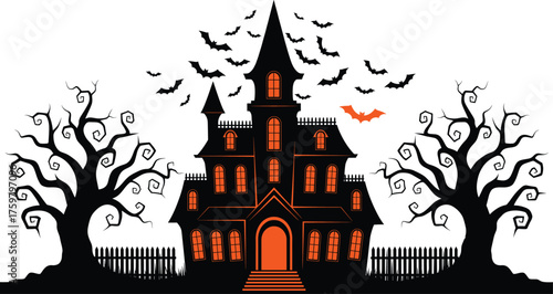 Halloween haunted house illustration, spooky gothic mansion design, scary bat and tree vector artwork, festive Halloween decoration, cad drawing flat vector illustration