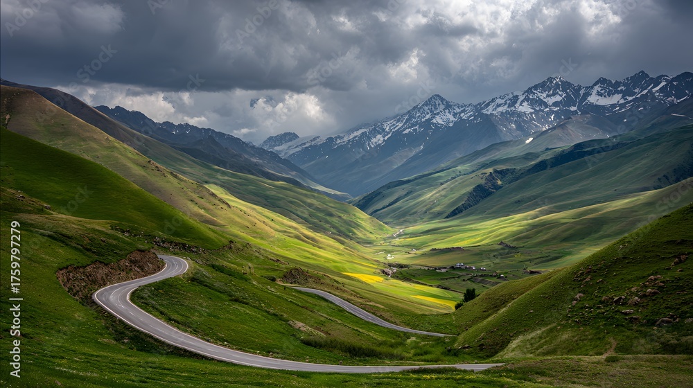 Fototapeta premium Winding road through a verdant mountain valley under dramatic clouds.