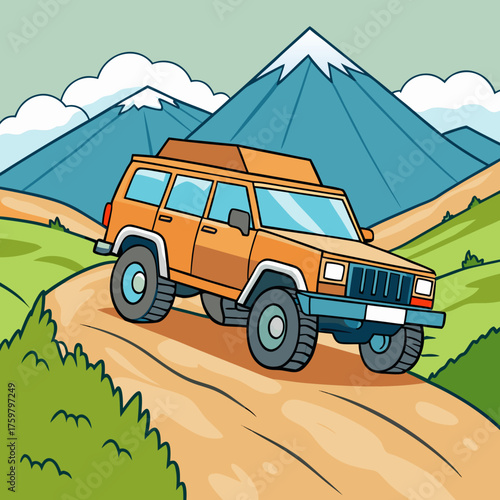 Cartoon orange suv driving on a mountain trail