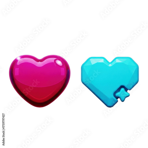 Wallpaper Mural 3d icon of two hearts, one glossy pink and one geometric blue, isolated on transparent background Torontodigital.ca