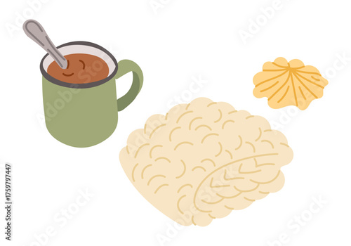 Hand drawn vector illustration of a cozy scene with a cup of hot drink, knitted blanket, and cookie. Concept of hygge lifestyle, comfort, and relaxation at home