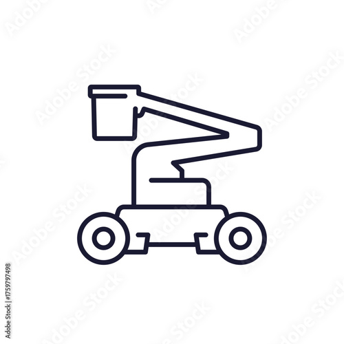 boom lift with bucket icon, telescopic platform line design on white