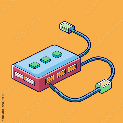 Colorful isometric usb hub with cables and ports