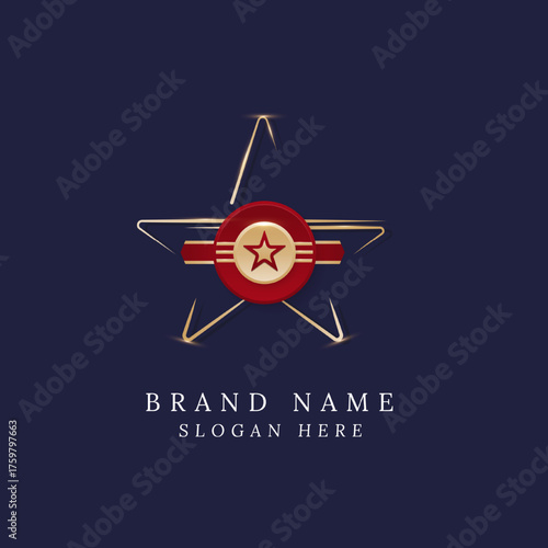 gold star and red rounded badge logo design