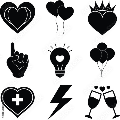 Love and Celebration Icons Vector Set Heart, Balloons, Light Bulb, and Champagne Glasses Solid Illustration