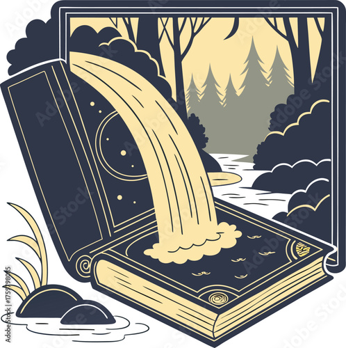 Open Book with a Waterfall Scene Concept of Knowledge and Nature
