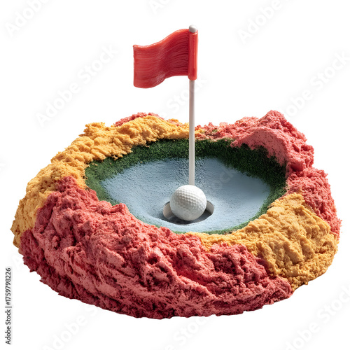 Playful miniature golf course created from vibrant textured playdough and sand complete with golf ball and red flag