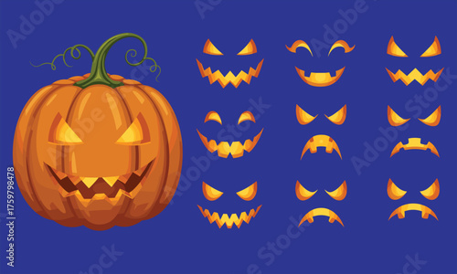 Halloween jack o lantern faces, spooky pumpkin carving expressions, scary carved pumpkin vector, festive Halloween decoration design, cad drawing flat vector illustration