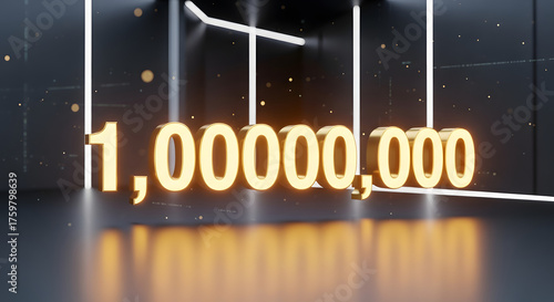 Golden one million number with glowing background and reflective surface in a digital render