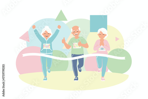 Joyful active seniors crossing race finish line Healthy aging success and active lifestyle concept