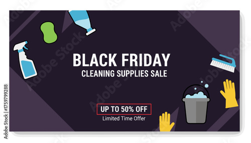 Black Friday cleaning supplies sale banner with detergents sponge and gloves offering up to 50 off