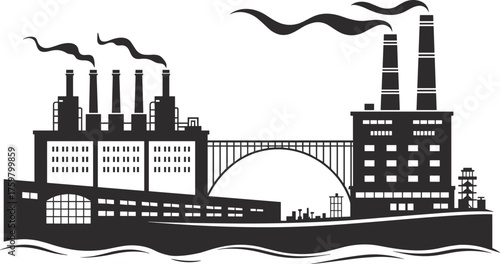 Industrial cityscape silhouette with bridge and smokestacks over river, black and white vector illustration representing power plant and urban architecture