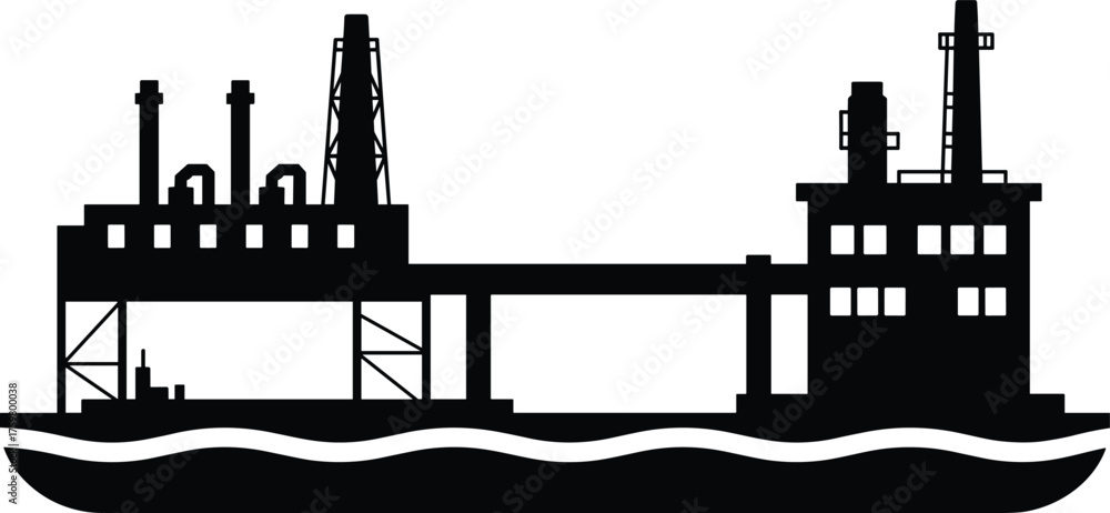Fototapeta premium Industrial cityscape silhouette with bridge and smokestacks over river, black and white vector illustration representing power plant and urban architecture