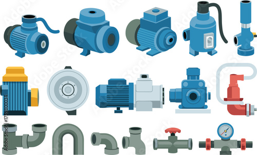 Industrial water pumps, electric motors, plumbing pipes and pressure gauge collection, mechanical engineering equipment illustration