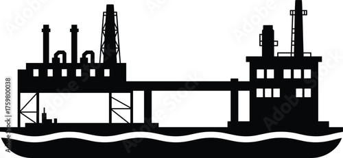 Industrial cityscape silhouette with bridge and smokestacks over river, black and white vector illustration representing power plant and urban architecture