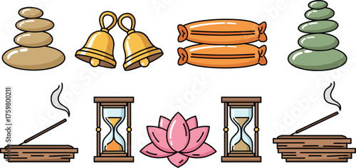 Mindful Meditation Elements Illustration: Zen Garden Stones, Golden Bells, Herbal Pouches, Sand Timers, Lotus Flower, and Incense Sticks for Relaxation Practice, Spiritual Wellness, and Holistic Healt